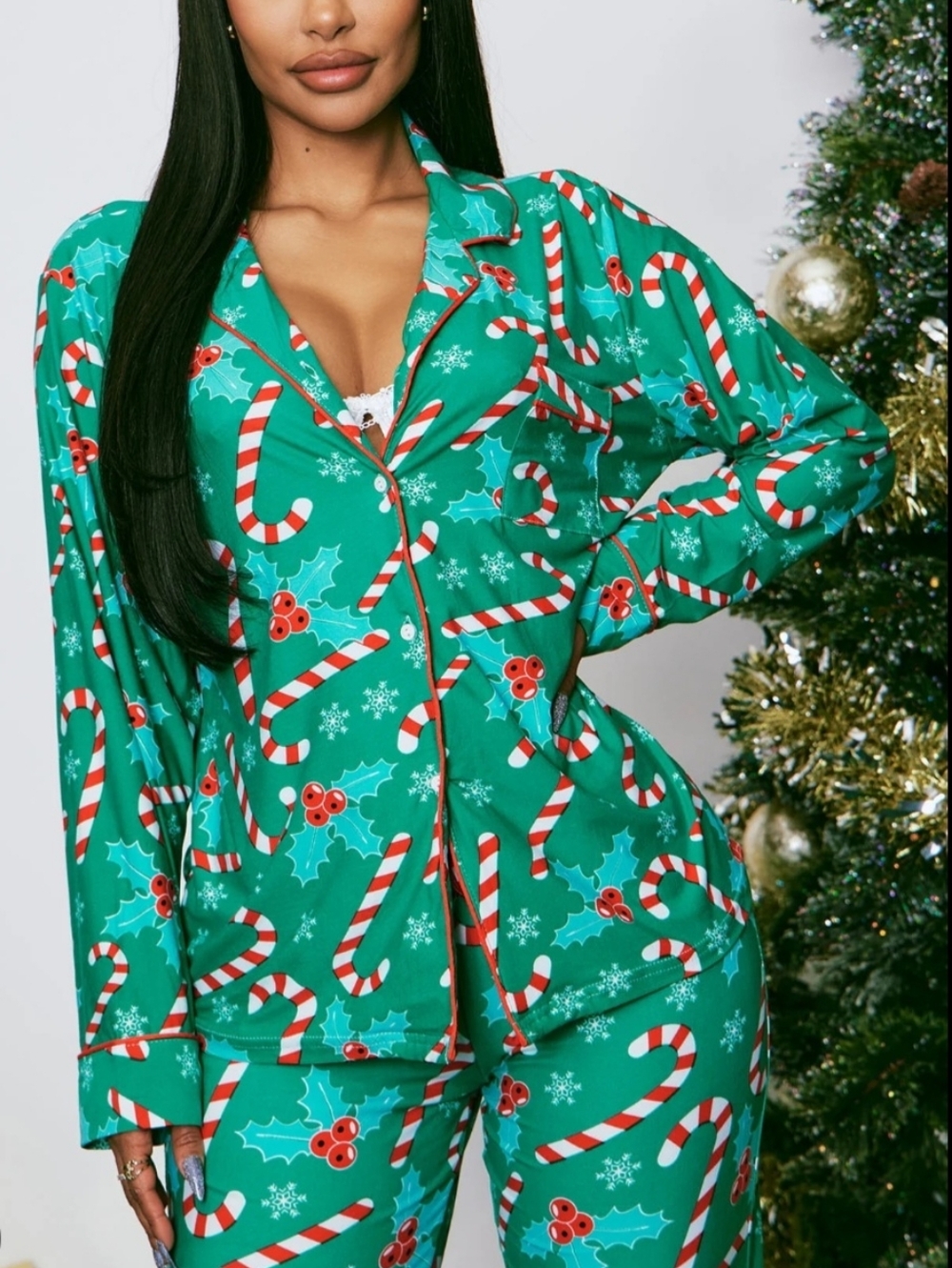 Not Tired Candy Cane & Holly Ladies PJ Set Size XL New Without Tag!